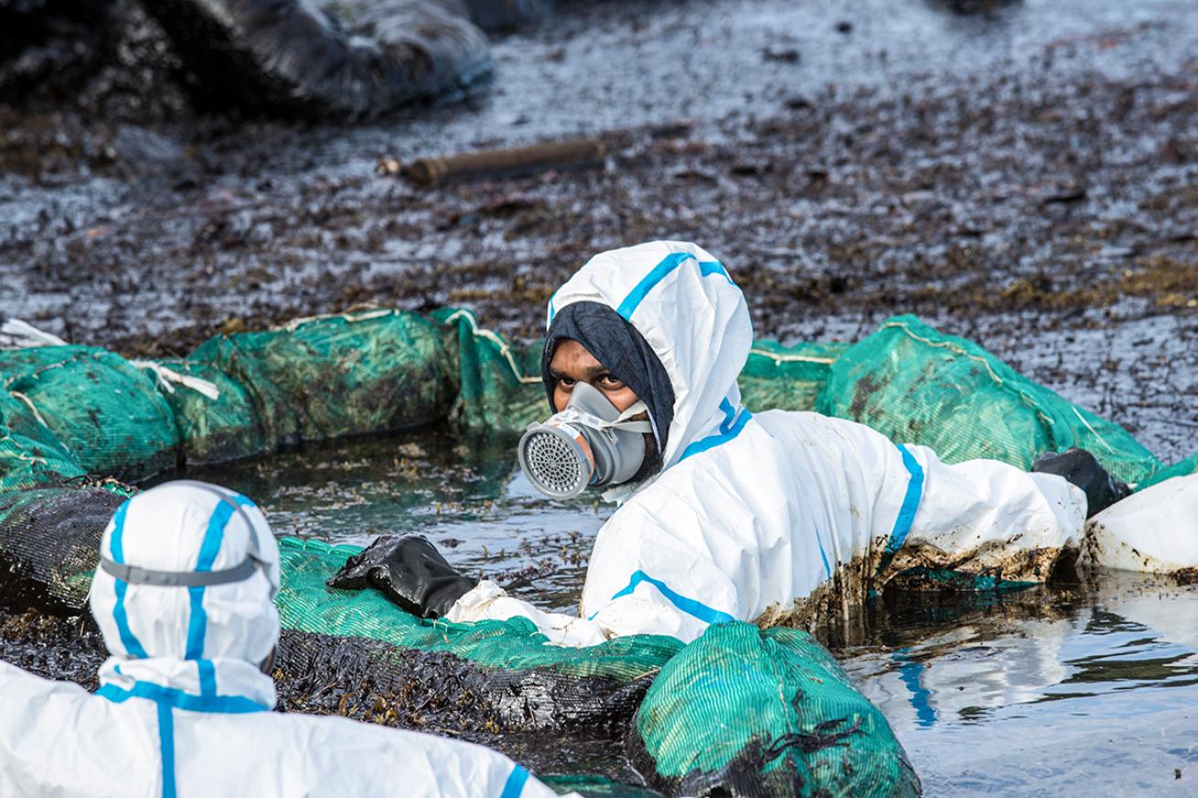 Oil cleanup efforts at the site of the Wakashio spill