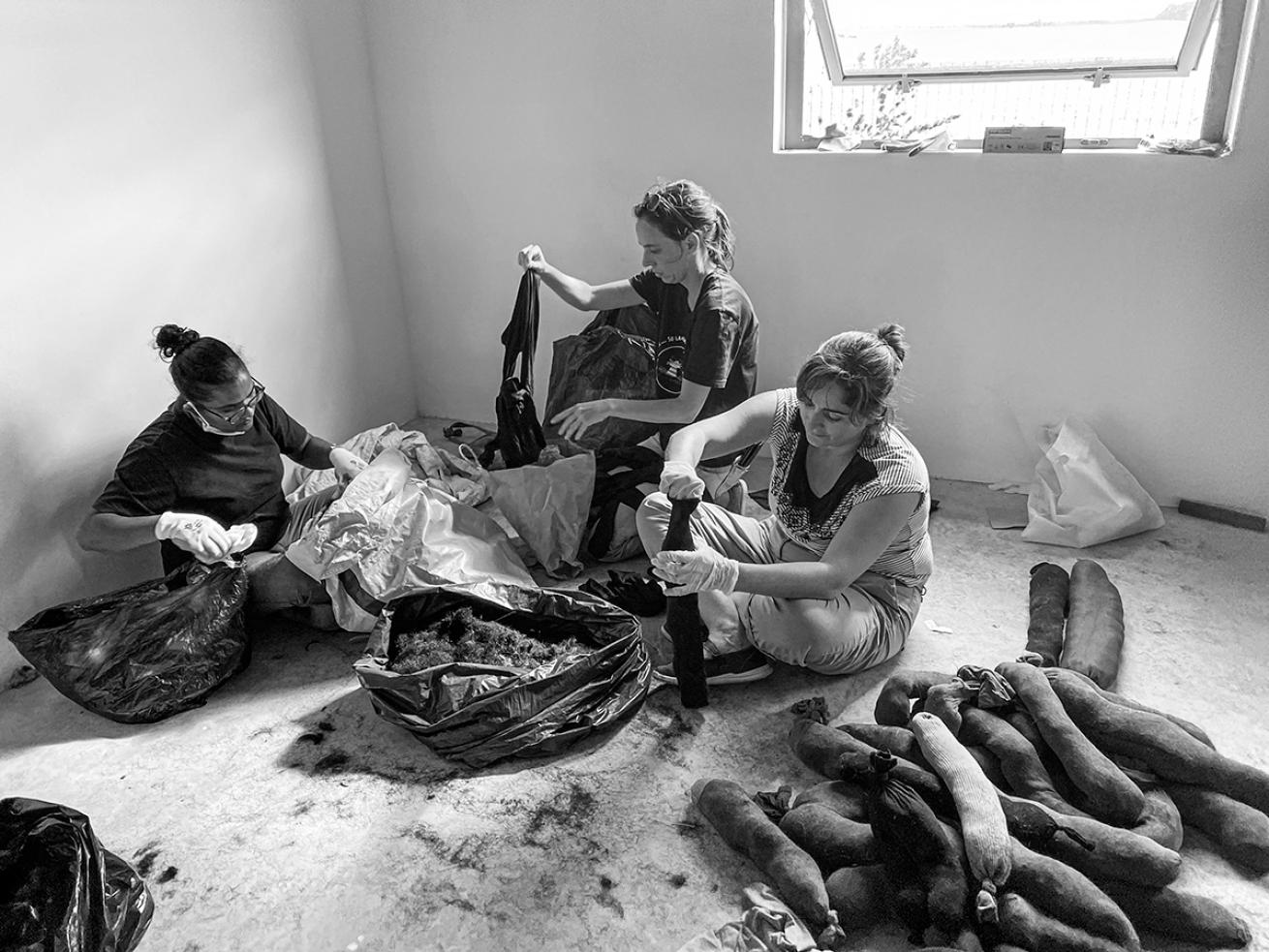 People sitting on the ground stuffing hair into nylons tied at one end.