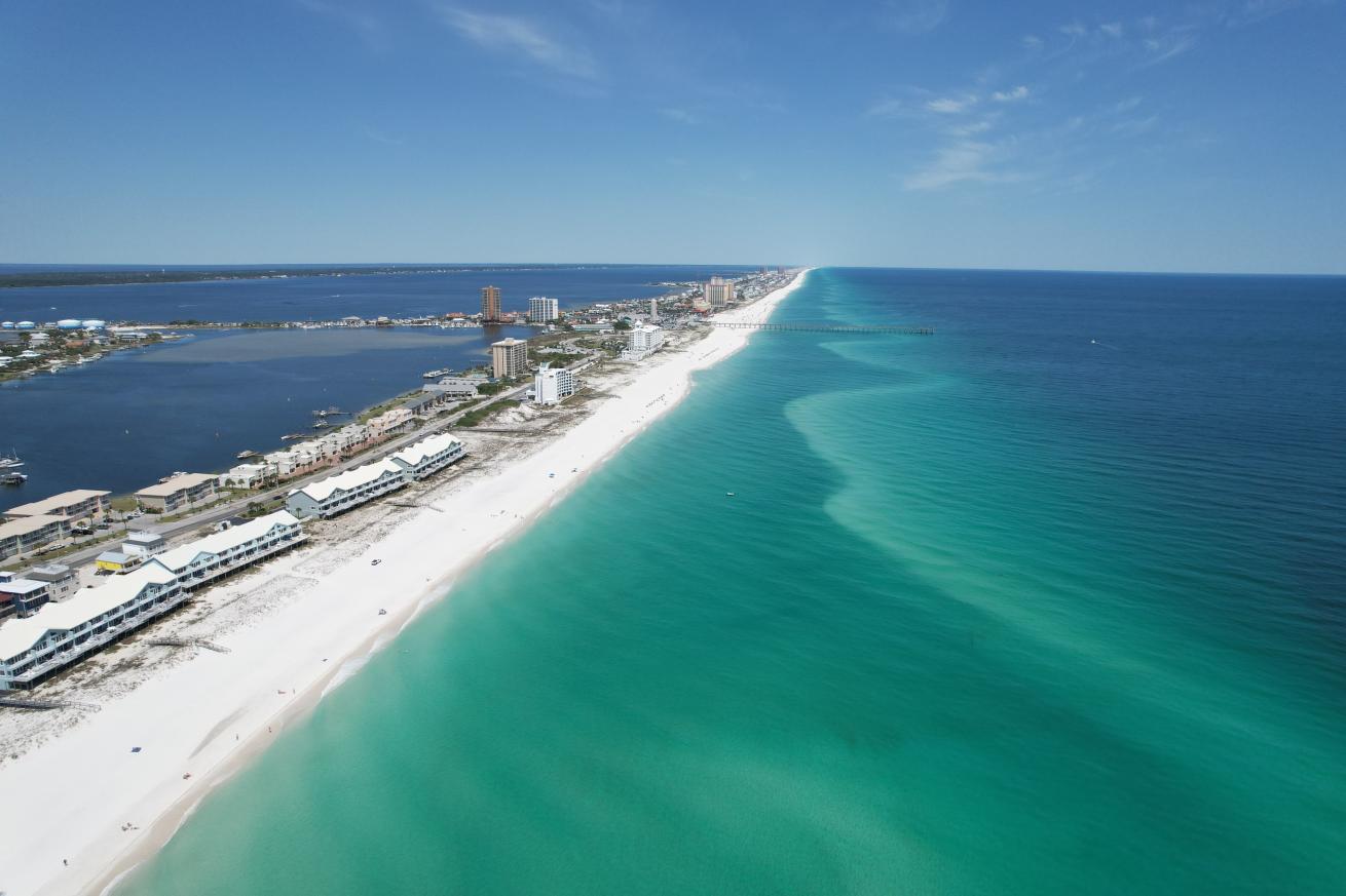 A long shot of a beach